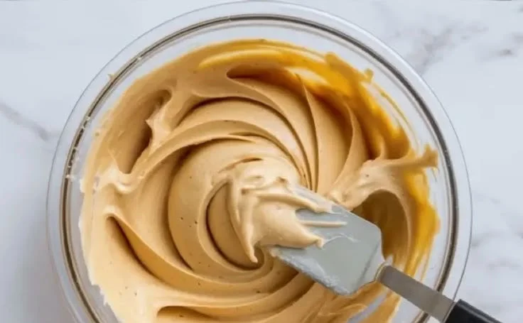 Delicious brown butter frosting spread on a cake with a rich, golden color.