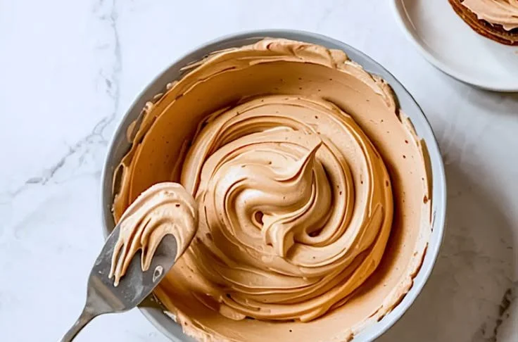 Delicious brown sugar frosting on a freshly baked cake