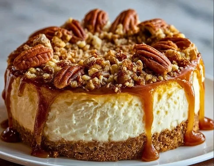 Delicious browned butter pecan cheesecake topped with pecans