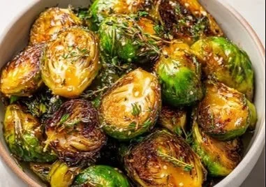 Roasted Brussels sprouts glazed with maple and mustard sauce