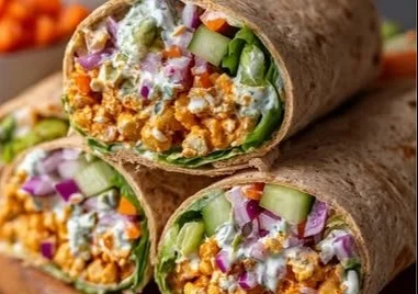 Buffalo Chickpea Salad Wraps served with fresh lettuce and toppings