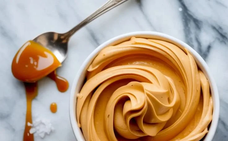 Delicious buttercream frosting topped with caramel drizzle on a cake