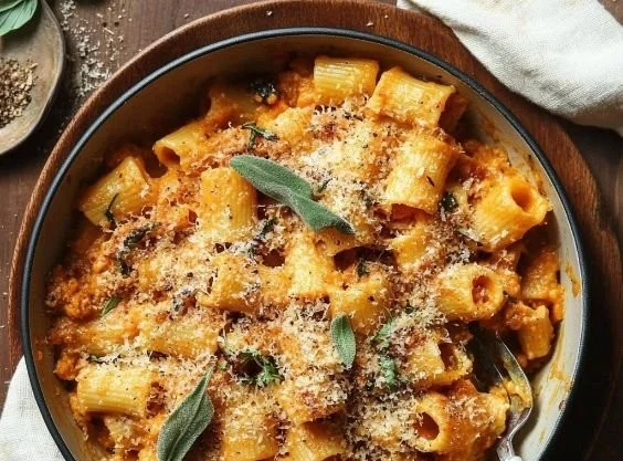 Delicious butternut squash pasta garnished with herbs and cheese