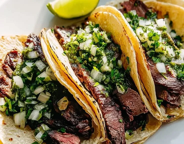 Delicious Carne Asada Tacos with grilled steak and fresh toppings