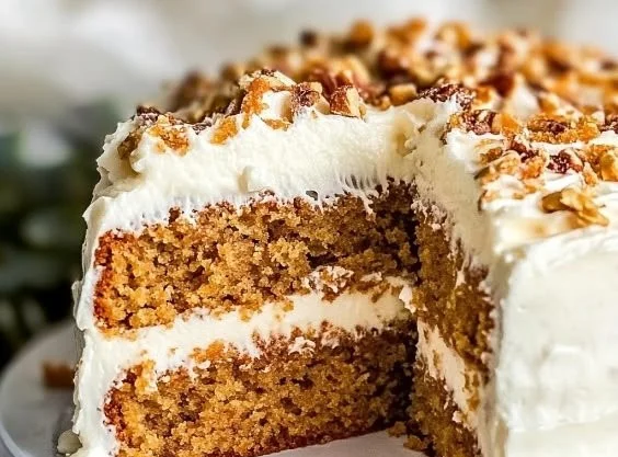 Delicious homemade carrot cake topped with cream cheese frosting and walnuts