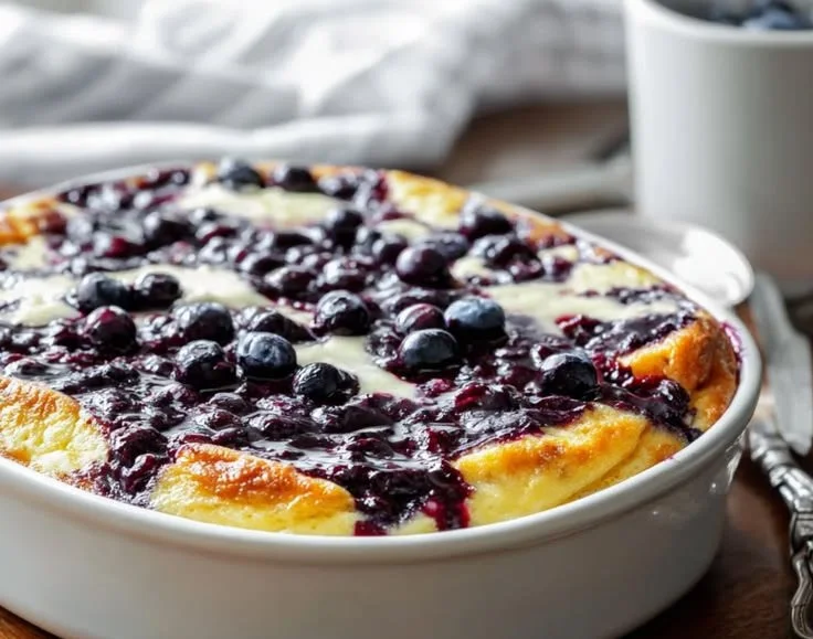 Cheesecake Blueberry Dump Cake topped with fresh blueberries and creamy cheesecake.
