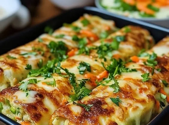 Cheesy baked vegetable rolls ready to serve on a plate