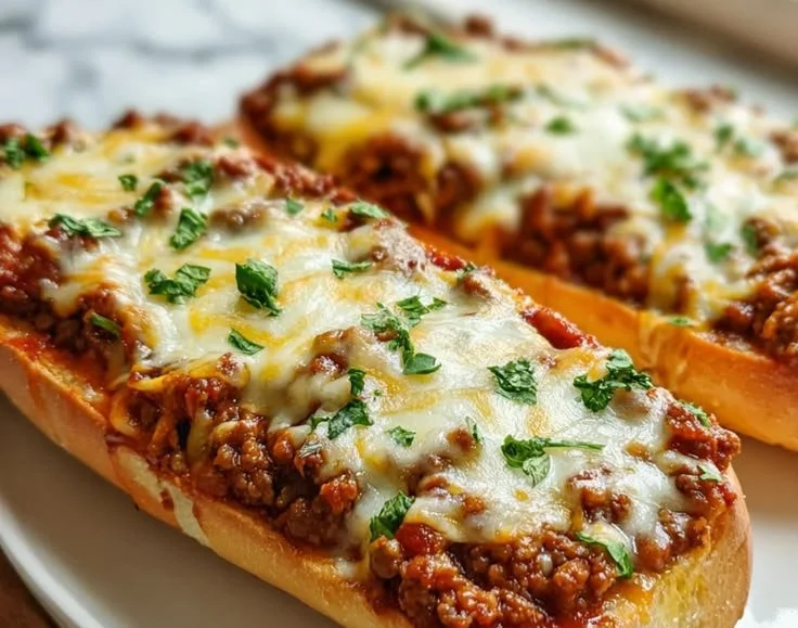 Cheesy Beef Sloppy Joe served on garlic bread for a tasty twist