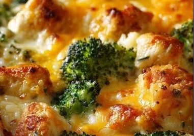 Cheesy chicken broccoli rice casserole baked and ready to serve