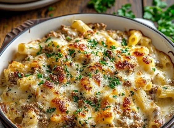 Cheesy Ground Turkey Pasta with melted cheese and fresh ingredients