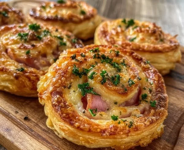 Cheesy ham puff pastry swirls on a serving platter