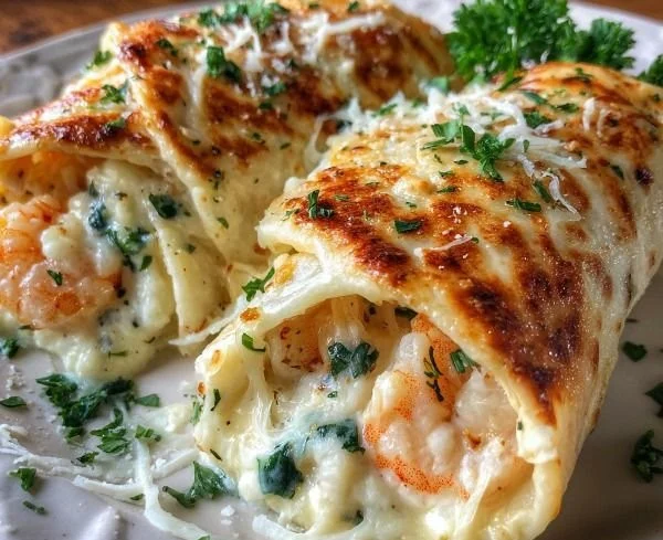 Cheesy Shrimp Alfredo Roll-Ups baked with creamy sauce and pasta