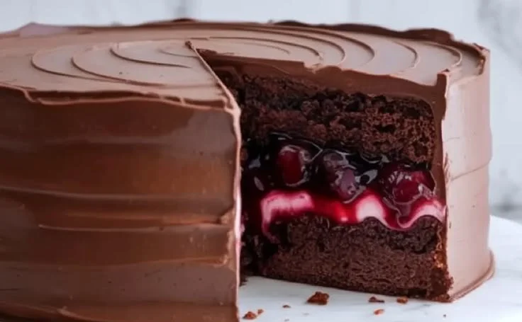 Slice of cherry pie-filled chocolate cake showcasing layers of cherry and chocolate