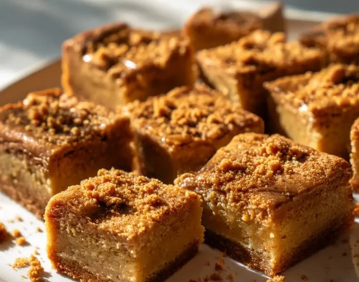 Delicious chewy Biscoff cookie butter blondies on a plate