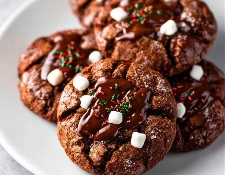 Chewy hot cocoa cookies fresh out of the oven, topped with chocolate chips.