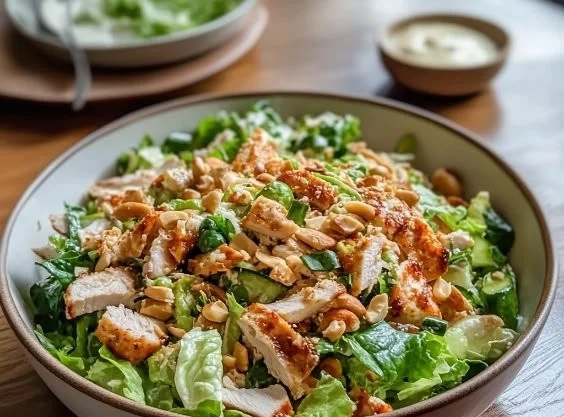 Delicious Chicken Cashew Crunch Salad served in a bowl with vegetables and dressing.