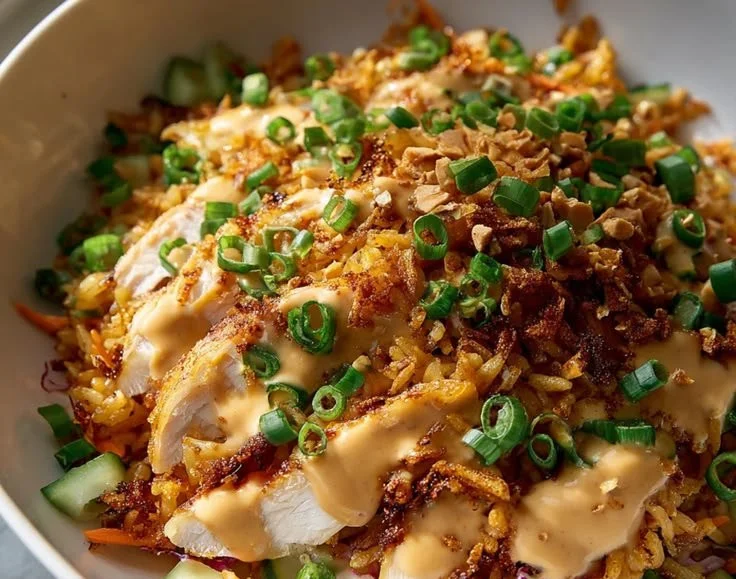Chicken Crispy Rice Salad topped with Peanut Dressing for a delicious healthy meal.