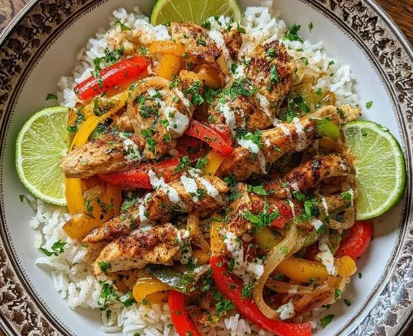 Delicious Chicken Fajita Rice Bowls topped with fresh vegetables and spices