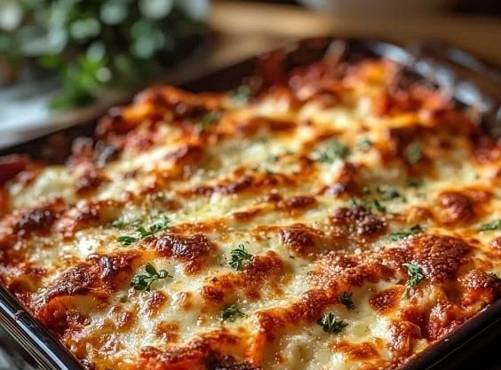 Delicious Chicken Parmesan Casserole served with fresh herbs and cheese