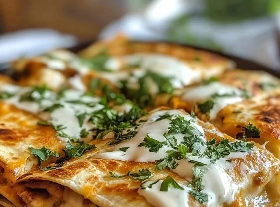 Delicious homemade chicken quesadilla served with salsa and guacamole