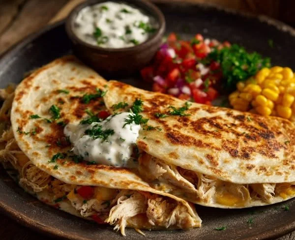 Delicious Chicken Ranch Quesadillas served with dipping sauce and fresh veggies