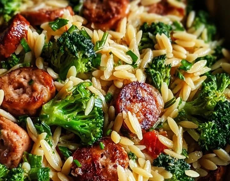 Plate of chicken sausage with broccoli and orzo served with herbs