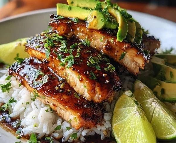 Delicious chicken stack with tangy honey lime sauce on a plate