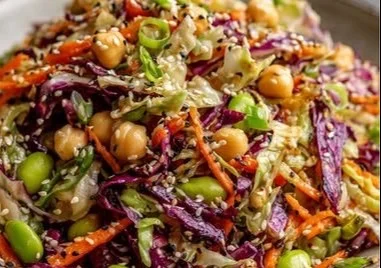 Chickpea and Edamame Cabbage Salad with Sesame Dressing served in a bowl