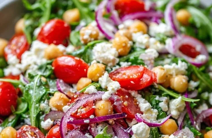 Chickpea arugula salad with lemon Dijon dressing in a bowl