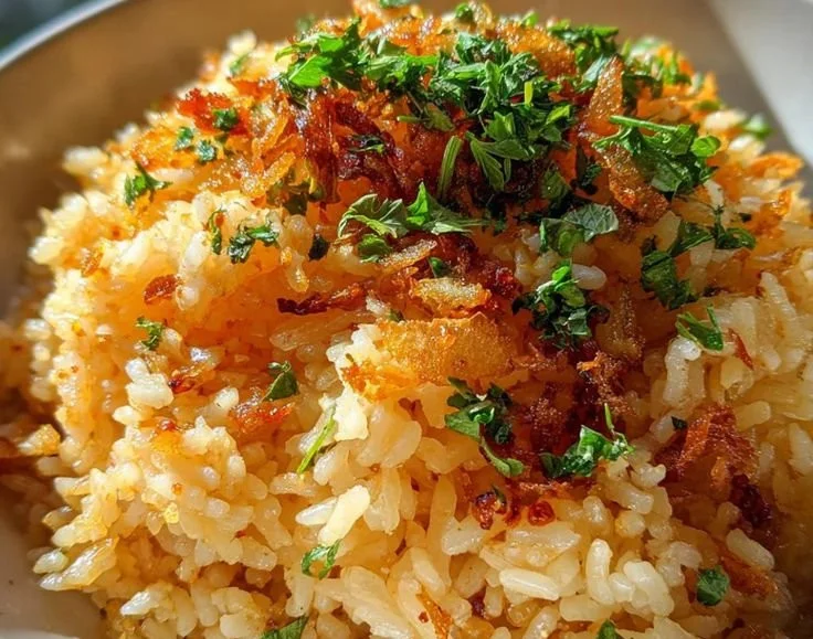 Delicious spicy garlic fried rice topped with chili oil and fresh herbs.