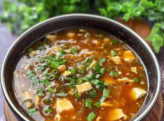 Bowl of Chinese Hot and Sour Soup with vibrant ingredients
