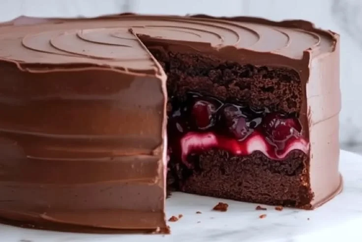 Chocolate cake with cherry pie filling slice on a plate