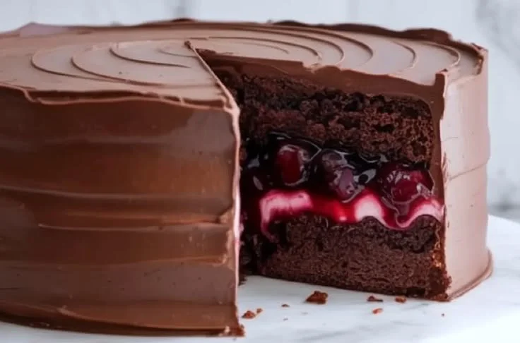 Delicious chocolate cake with cherry pie filling on a plate
