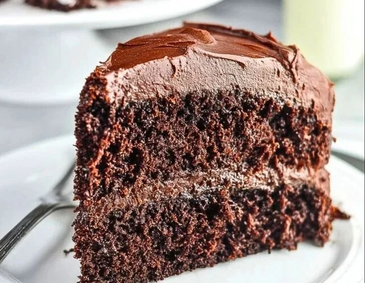Moist chocolate cake made with mayonnaise, topped with chocolate icing.