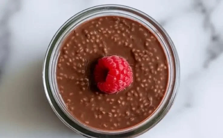Delicious homemade chocolate chia pudding in a glass with toppings