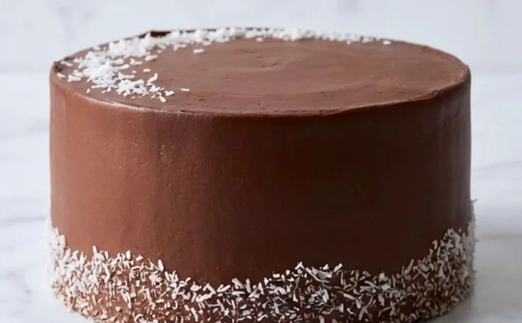 Delicious Chocolate Coconut Cake topped with shredded coconut and chocolate frosting
