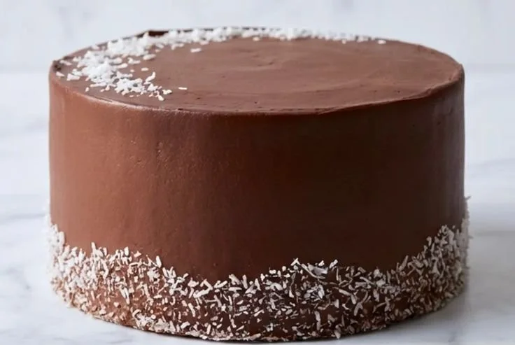 Delicious slice of chocolate coconut cake topped with coconut flakes.