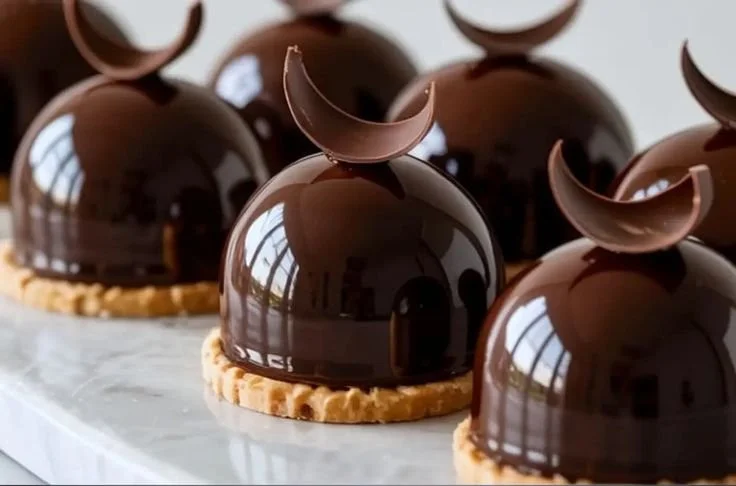 Delicious Chocolate Dome dessert topped with chocolate ganache and decorative sprinkles.