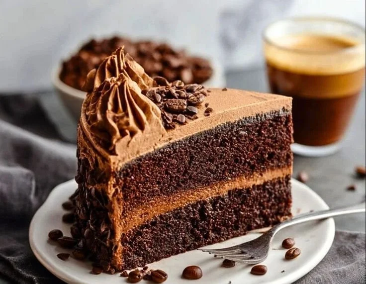 Delicious slice of chocolate espresso cake topped with chocolate ganache.
