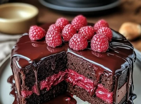Delicious Chocolate Raspberry Cake with a rich, moist texture and fresh raspberries