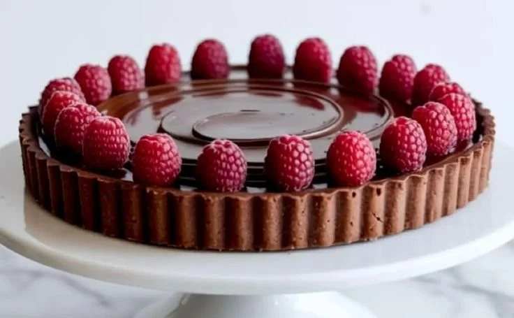Decadent Chocolate Raspberry Tart topped with fresh raspberries and chocolate ganache