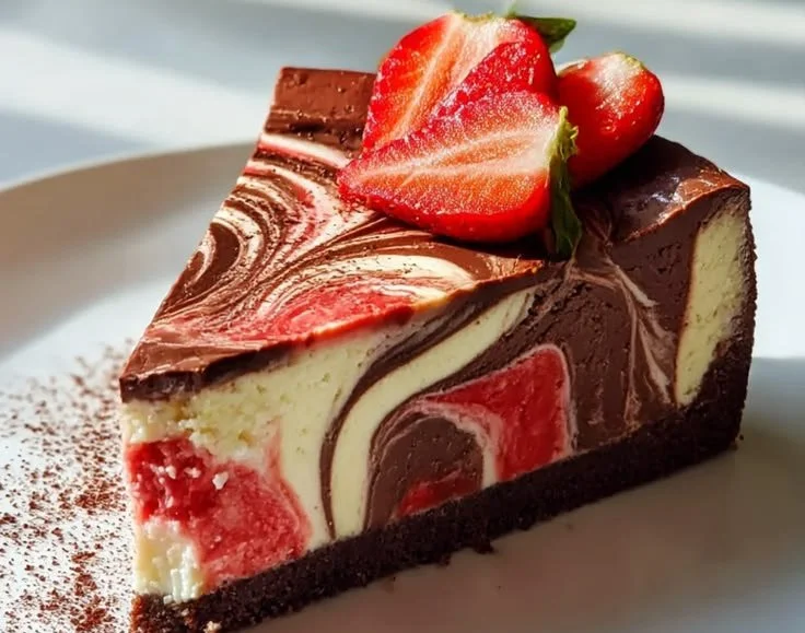 Delicious chocolate strawberry swirl cheesecake served on a plate