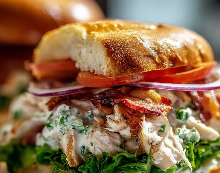 Chopped chicken bacon ranch sandwich with creamy dressing and crispy bacon