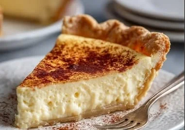 Slice of Christmas Eve Cinnamon-Vanilla Custard Pie with a creamy filling and cinnamon topping.