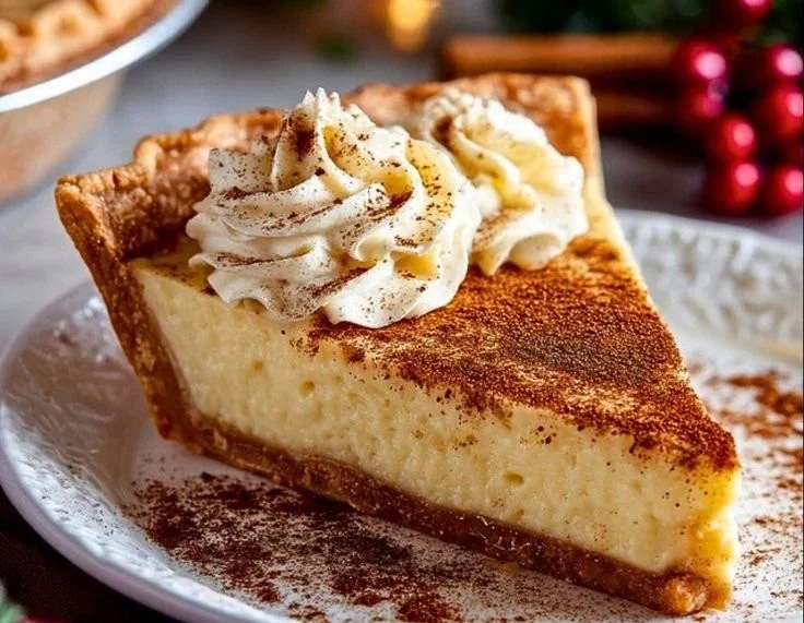 Christmas Eve custard pie with cinnamon and vanilla served on a festive table.