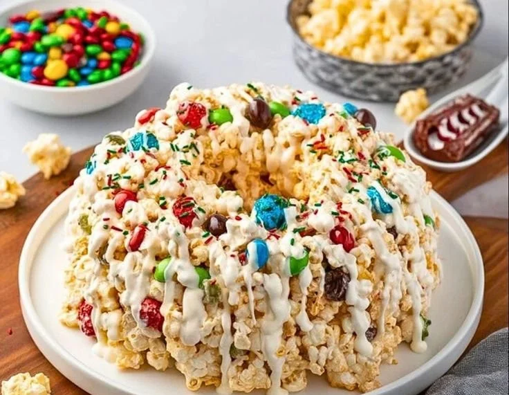 Delicious Christmas popcorn cake decorated with festive toppings.