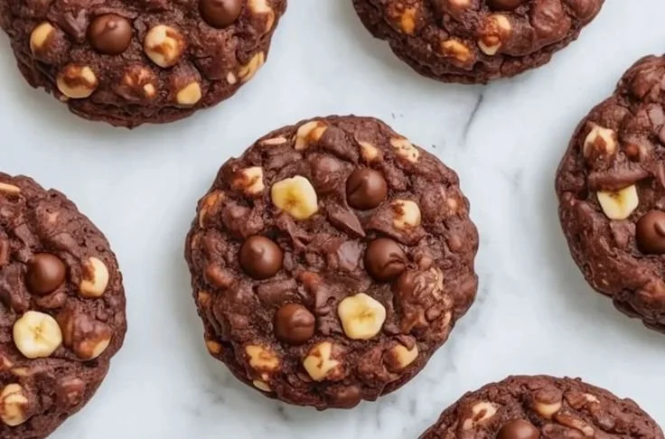 Baked cocoa banana chickpea cookies stacked on a plate