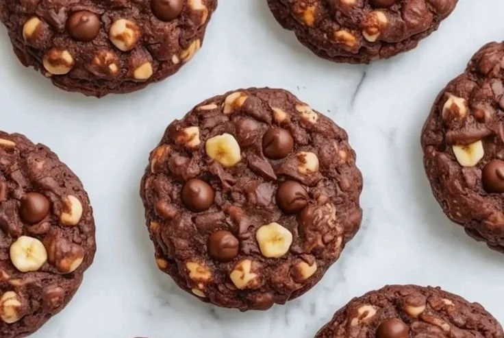 Cocoa Banana Chickpea Cookies stacked on a plate with a chocolate drizzle