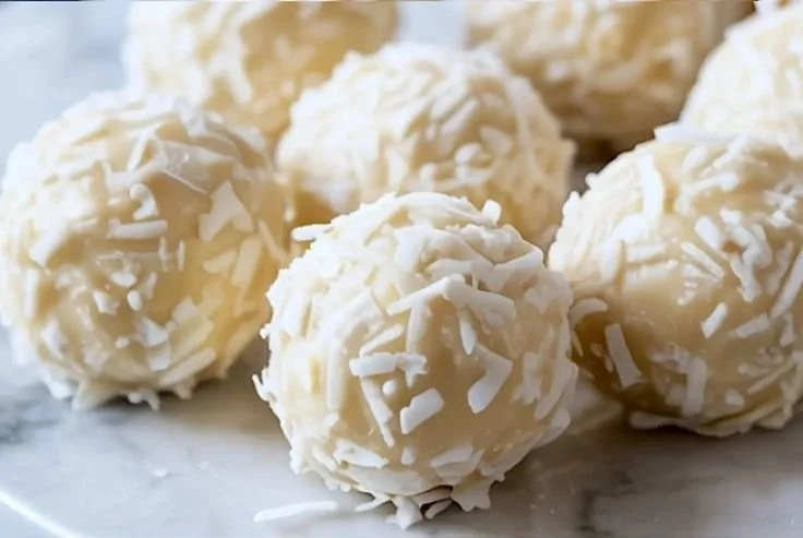 Delicious Coconut Almond Truffles drizzled with chocolate and sprinkled with coconut.