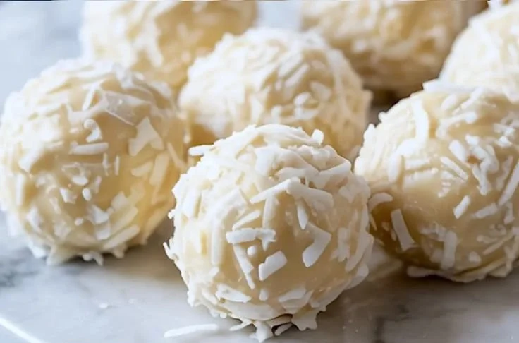 Delicious Coconut Almond Truffles on a plate, topped with shredded coconut.